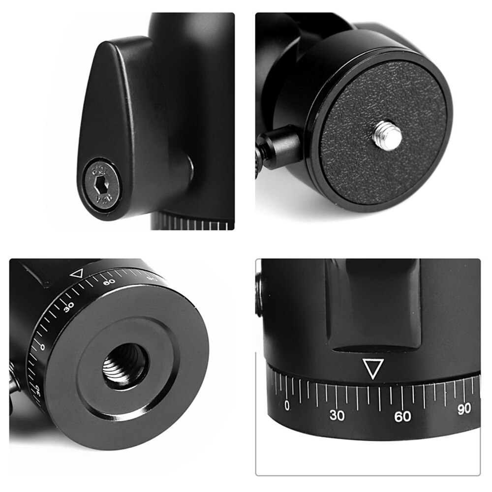 Minifocus-tripé rotativo resistente de 360 graus, cabeça esférica de alumínio com rotação 1/4 ", placa de liberação rápida para monopádios