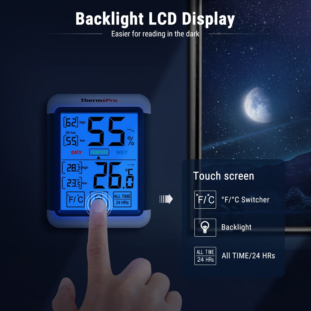ThermoPro TP55 Digital Thermometer Hygrometer Indoor Weather Station For Home Backlight Room Thermometer Touch Screen