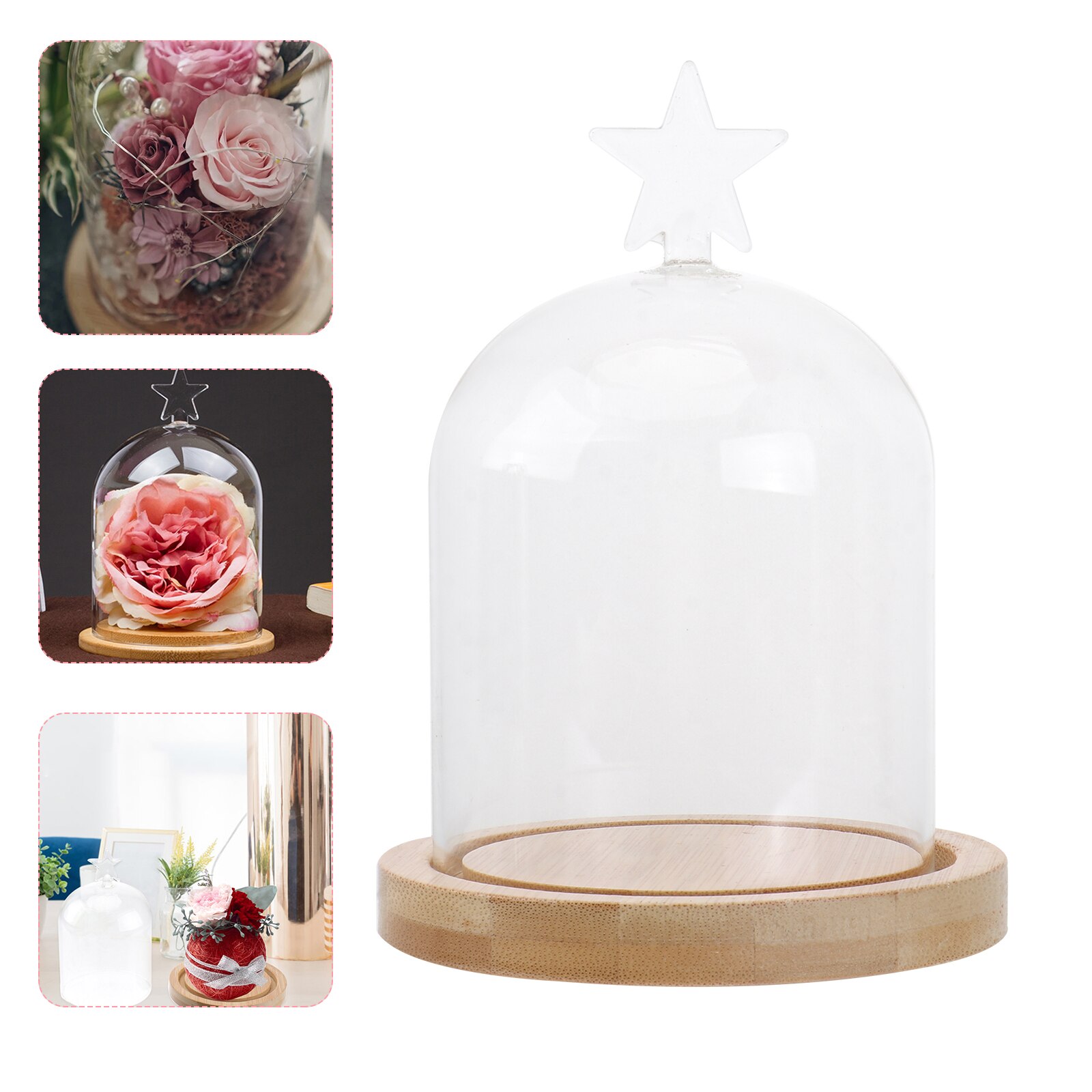 Dried Flower Display Glass Cover Preserved Flower Glass Cover DIY Transparent Glass Cover Loving Heart Glass Dome with Wood Base