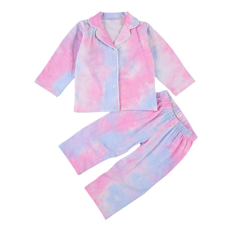 1-6Y enfant en bas âge cravate-teinture vêtements de nuit ensemble enfants fille dégradé couleur à manches longues revers col boutonné chemise + pantalon tenue pyjama ensemble