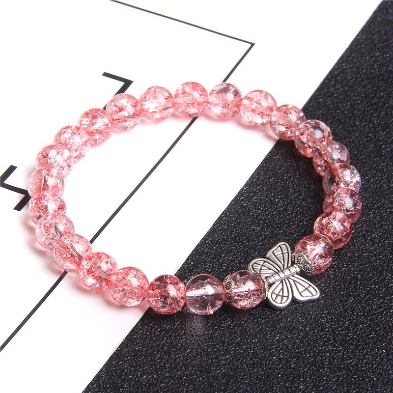 Natuurlijke Amethisten Qyartz Kristal Kralen Armband Mode Antiek Zilver Kleur Vlinder Kralen Bedelarmband Voor Vrouwen Sieraden: Cracked Quartz / 17CM