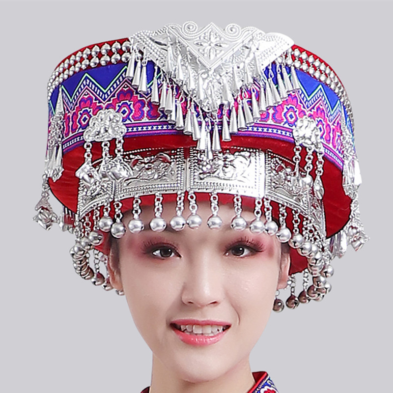 Hmong Miao Dance Hat For Women Traditional Clothing Hats With Tassel Accessories Festival Performance Headwear Vintage Headdress