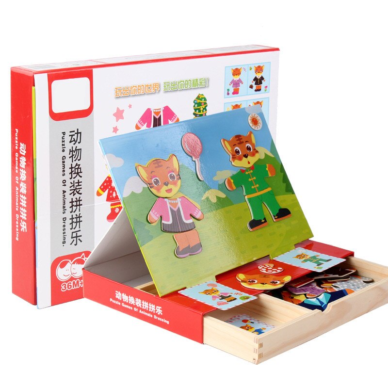 DDWE Kids Houten Dieren Veranderende Magnetische Puzzel Educatief Tekening Boards 3D Puzzel Kinderen Jigsaw Speelgoed voor kinderen dag