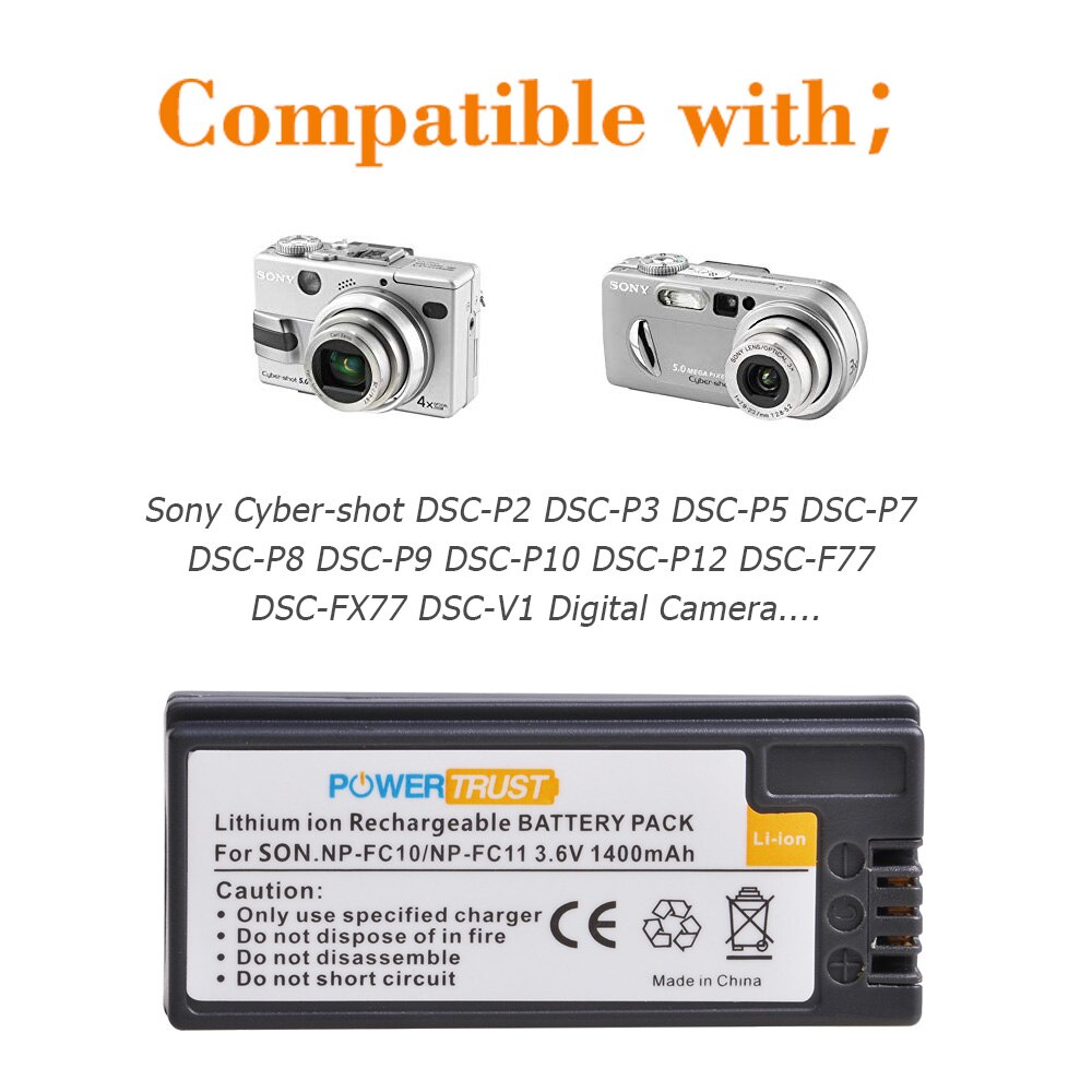 PowerTrust 1400mAh NP-FC11 NP-FC10 Battery and Fast USB Charger for Sony DSC-P2/P3/P5/P7/P8/P9/P10/FX77/F77A, DSC-V1 Cameras