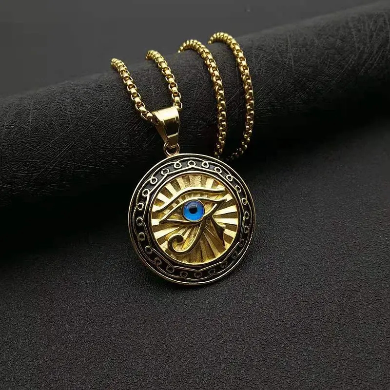Forntida egyptisk mytologi horus öga hänge halsband för män och kvinnor punk blå ögon party hiphop amulett smycken: Rosa guldfärg