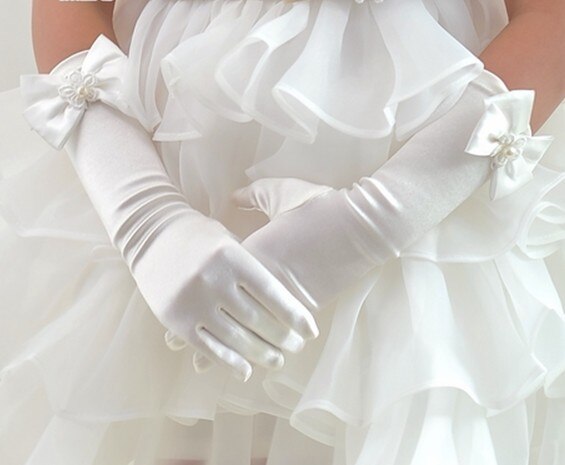 1 par de guantes de lazo de encantadora de boda para niñas y flores, accesorios de comunión para ceremonia, guantes para niños: Beige M 4-7Years