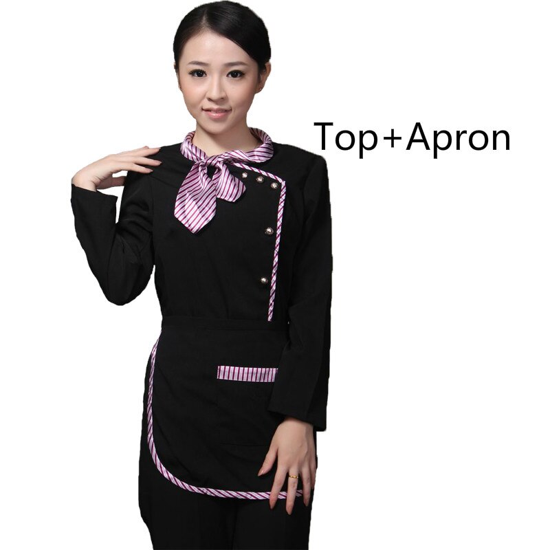 Long Sleeve Restaurant Waiter Uniform for Women Hotel Waitress Working Uniform Autumn Fast Food Waiter Tops +Apron Work Wear 89: women black / M