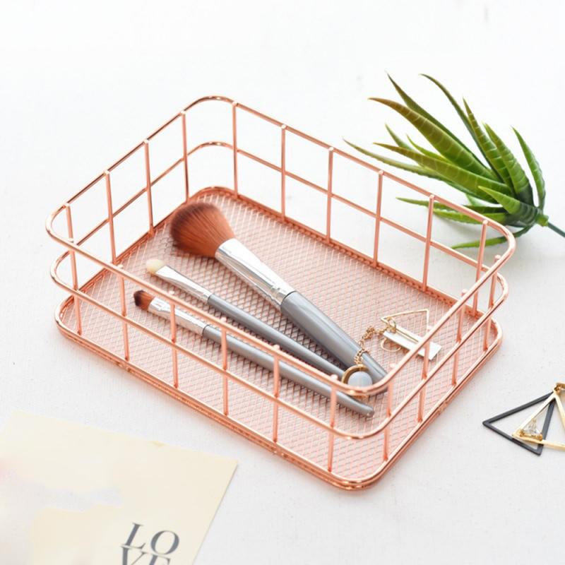 Iron Storage Basket Rose Gold Desktop Storage Box Sundries Modern Home Basket Shelf for Beautiful Girl