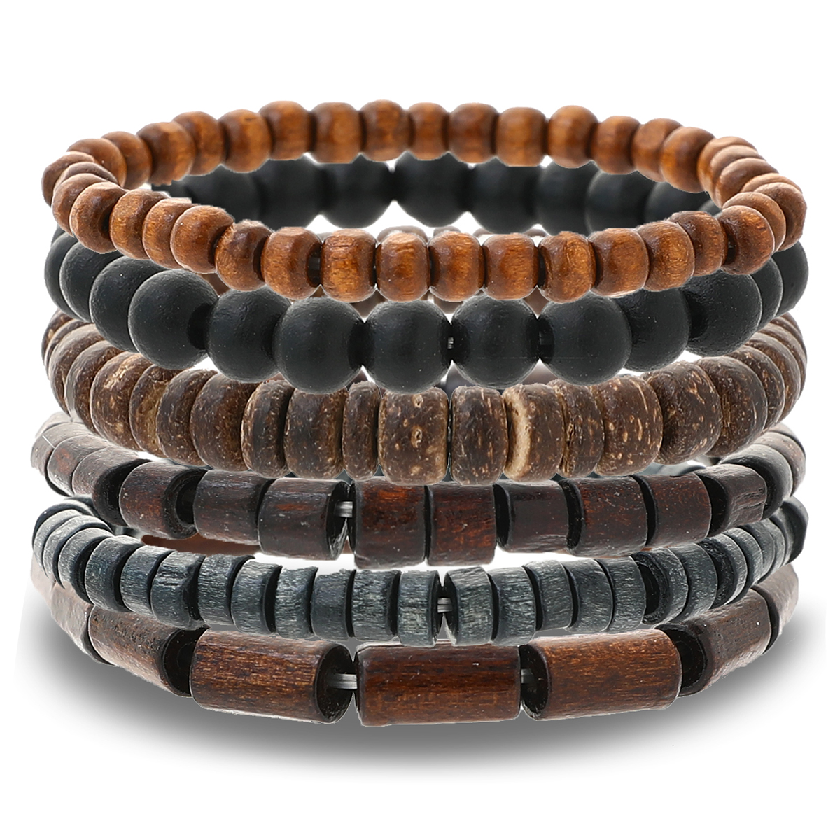 6 pçs novo estilo nacional de madeira retro masculino artesanal frisado pulseira design multi-cor linha elástica conjunto de pulseira de contas de madeira