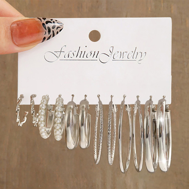 Silver Color Pearl Twist Hoop Earrings Set For Women Jewelry pendientes Vintage Circle Geometric Dangle Earrings Trendy