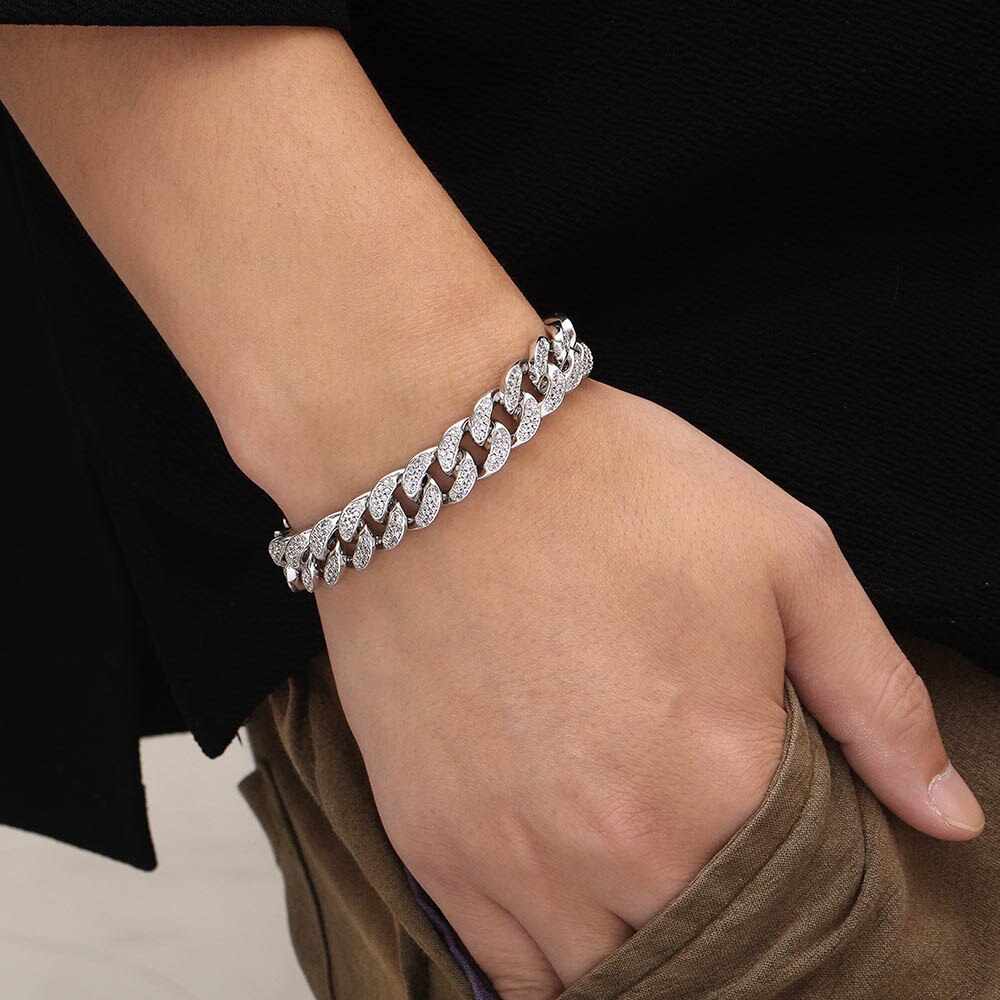 Coola kvinnor herr trottoar cubansk länk armband koppar lab bling iced out hel cz spänne guldkedja silverpläterade armband
