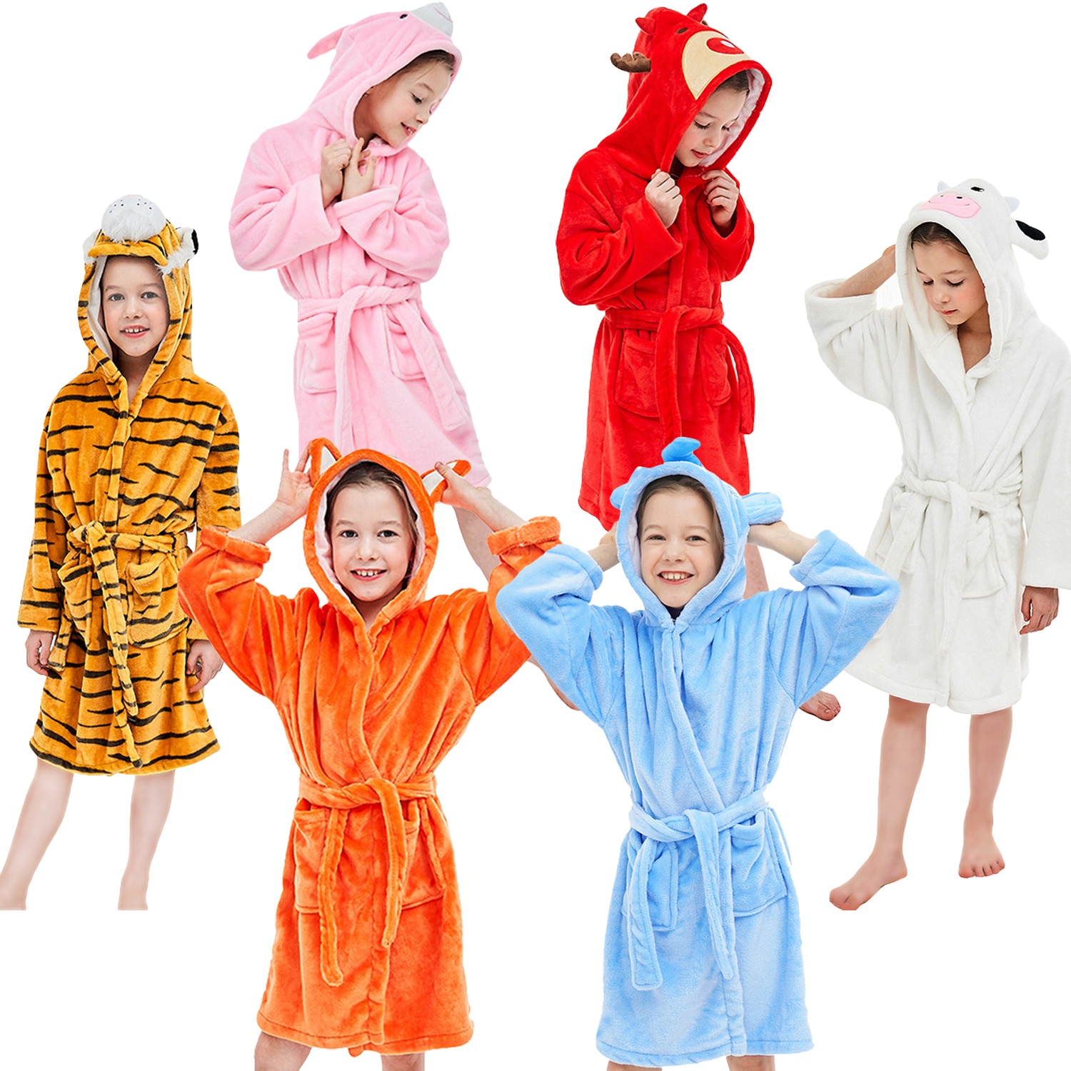 Barn mjuk badrock flanell huvtröja sovkläder tiger rådjur ko räv kanin elefant djur tecknad morgonrock pyjamas för pojkar flickor