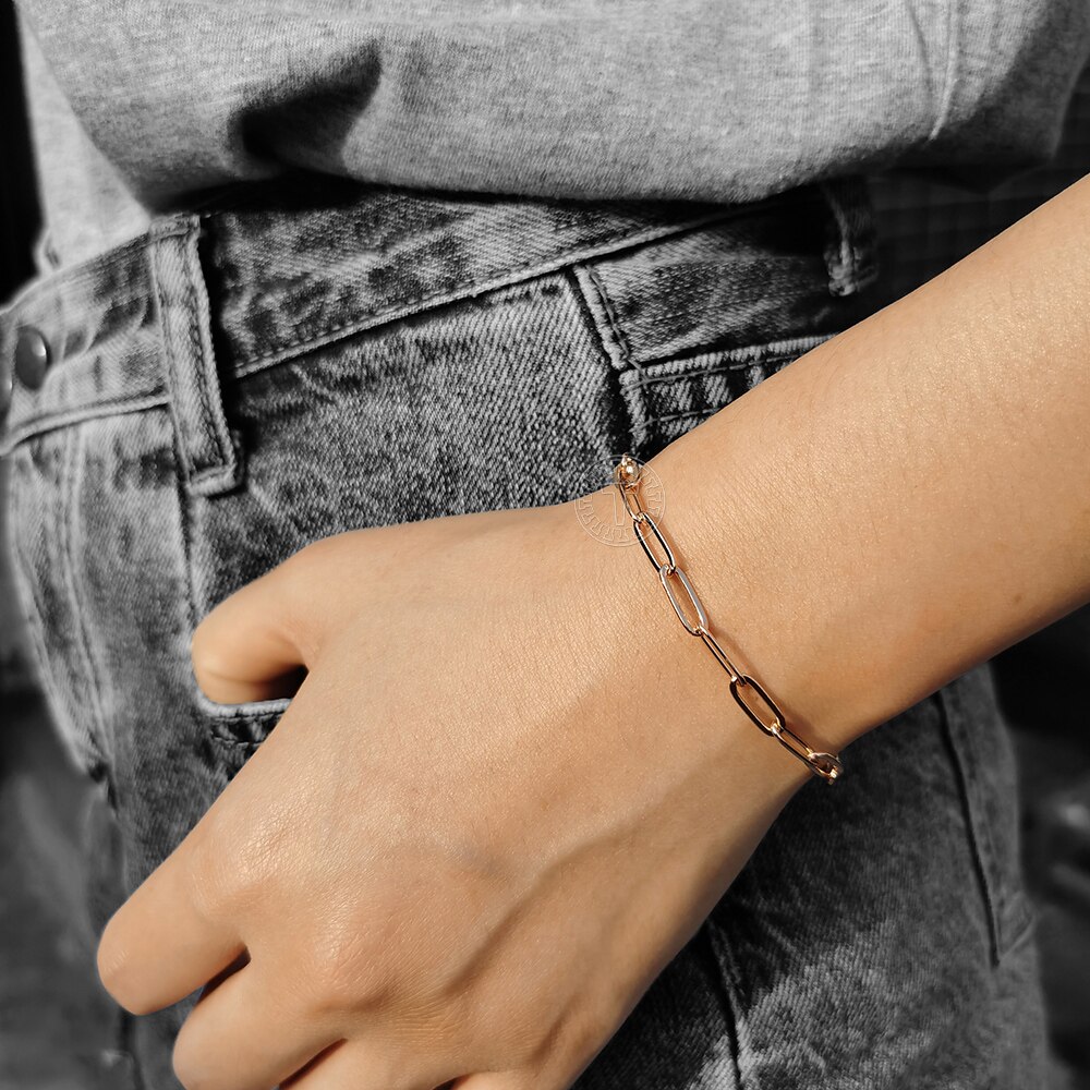 4mm mulheres meninas paperclip rolo link pulseira 585 ouro rosa enchido corrente moda jóias 20cm cb60