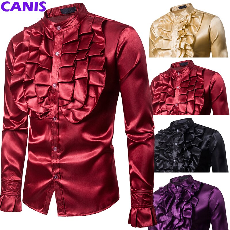Stilfuld luksus silke skjorte herre satin glat solid smoking skjorte slim fit skinnende guld bryllup tøj skjorter