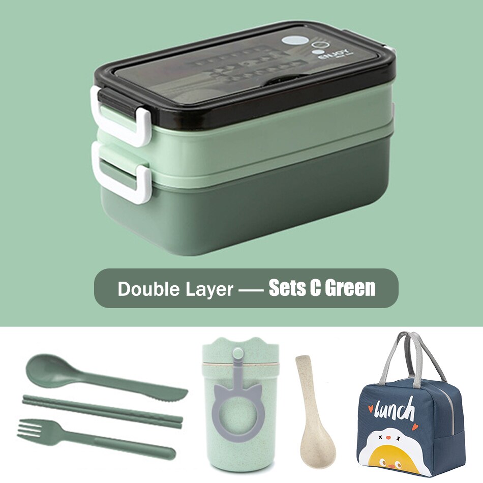 Double Layer Lunch Box Bento Box With Soup Bowl Leak-Proof Bento Box Dinnerware Set Microwave Adult Kids Office Food Storage Box: Sets C Green