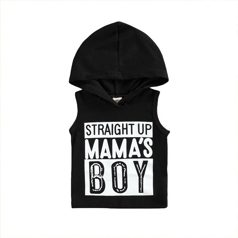 Peuter Jongen Kleding Zomer Kids Jongens Mouwloos Hooded Tops Katoen Zwart Brief Print Tshirts: 0 6Months