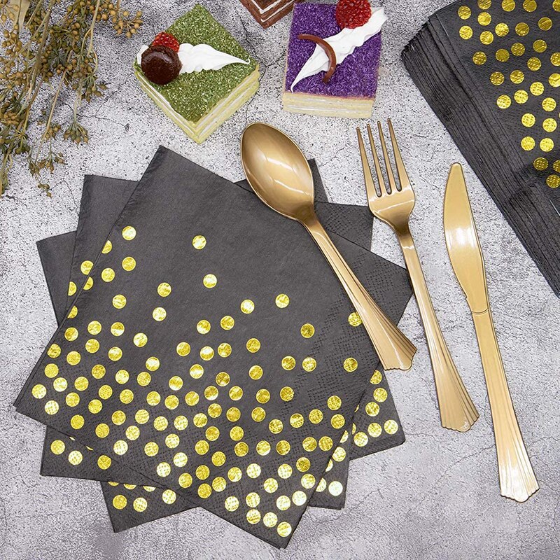 Utensílios de mesa descartáveis para festa de aniversário, decoração de crianças, chá de bebê, bolinhas douradas