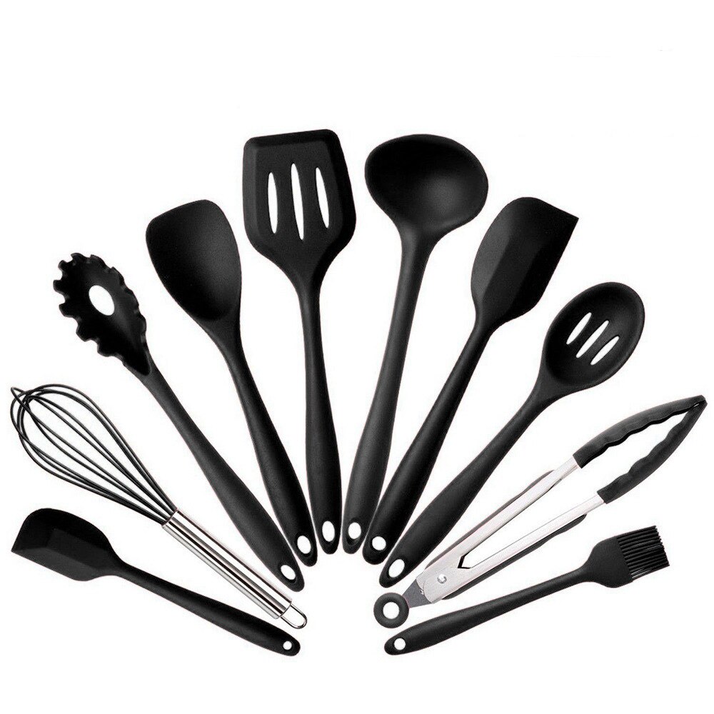 10Pcs Silicone Keukengereedschap Farberware Spoonula Spatel Lepels Turner Garde Koken Gereedschap Rood Zwart: Black