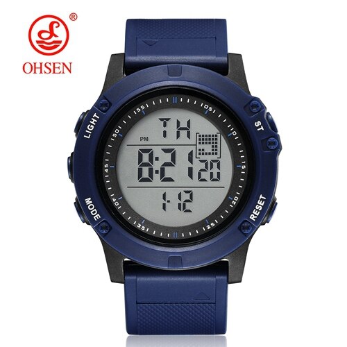 Ohsen merkevare digital lcd rød herre gutteklokke reloj hombre 50m dykk kaki silikonrem utendørs sport armbåndsur hanne: Blå klokke