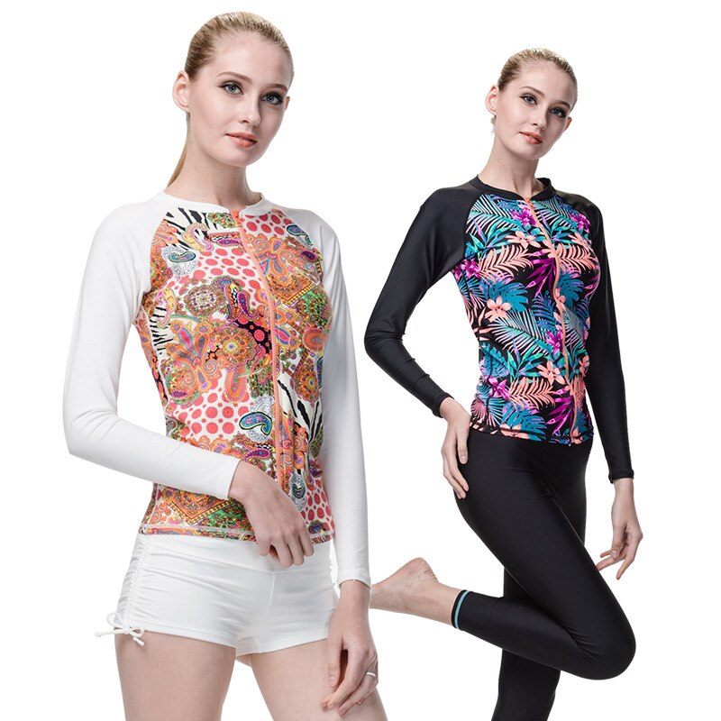 Vrouwen Lange Mouw Zip-Up Rashguard Bloemen Gedrukt Swim Pak Top Basic Pak crew UPF 50 + Tee Shirt