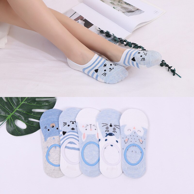 5 Paren/partij Lente Zomer Korea Sokken Vrouwen Cartoon Kat Vos Leuke Animal Print Grappige Onzichtbare Boot Katoenen Sokken: M