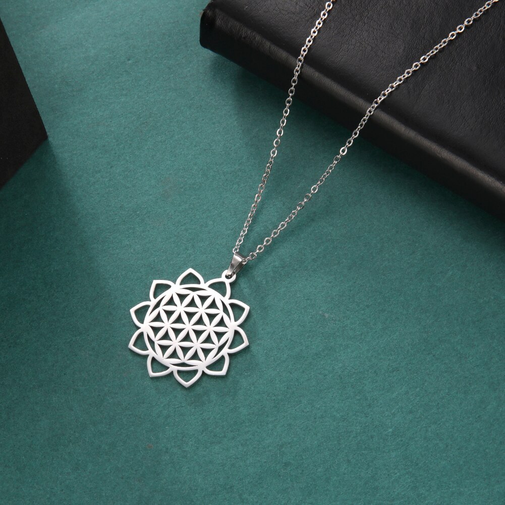 Skyrim – collier avec fleur de vie pour femmes, chaîne de cou en acier inoxydable, amulette, motif géométrique, Mandala, bijoux