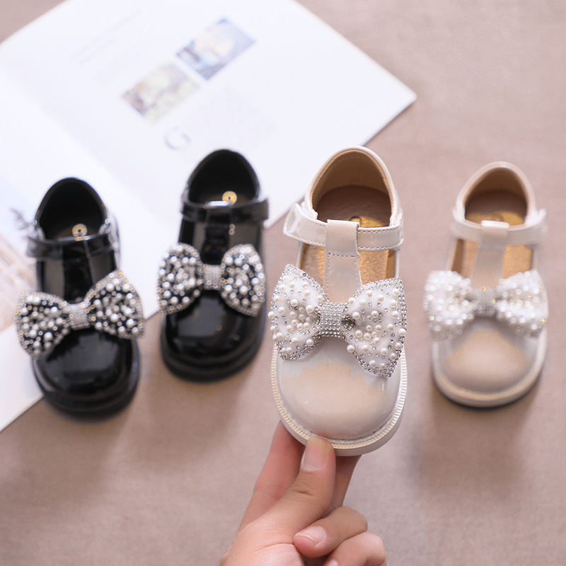 Girls' Small PU Leather Shoes Spring Autumn Baby Children's Pearl Rhinestone Soft Sole Little Girl Single Shoes Princess Shoes