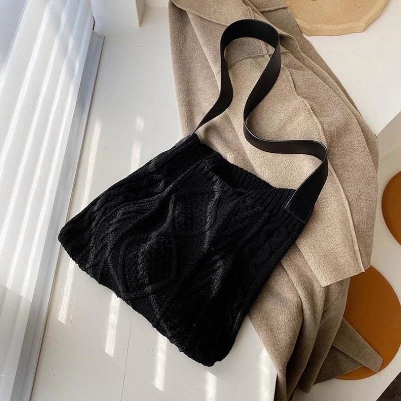 Qiaoduo kobiece wełniane dzianiny warkocz w kratkę torebka nastolatek szydełka moda zimowa szyk retro duża pojemność torba na ramię: czarny