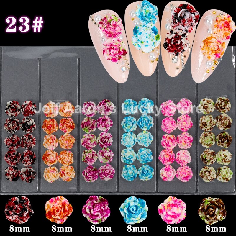 Blandet stil negler harpiks rose blomster cabochons cameo baseinnstilling 6mm 3d turkise rose blomster neglekunst dekorasjon tilbehør: Gzh 23