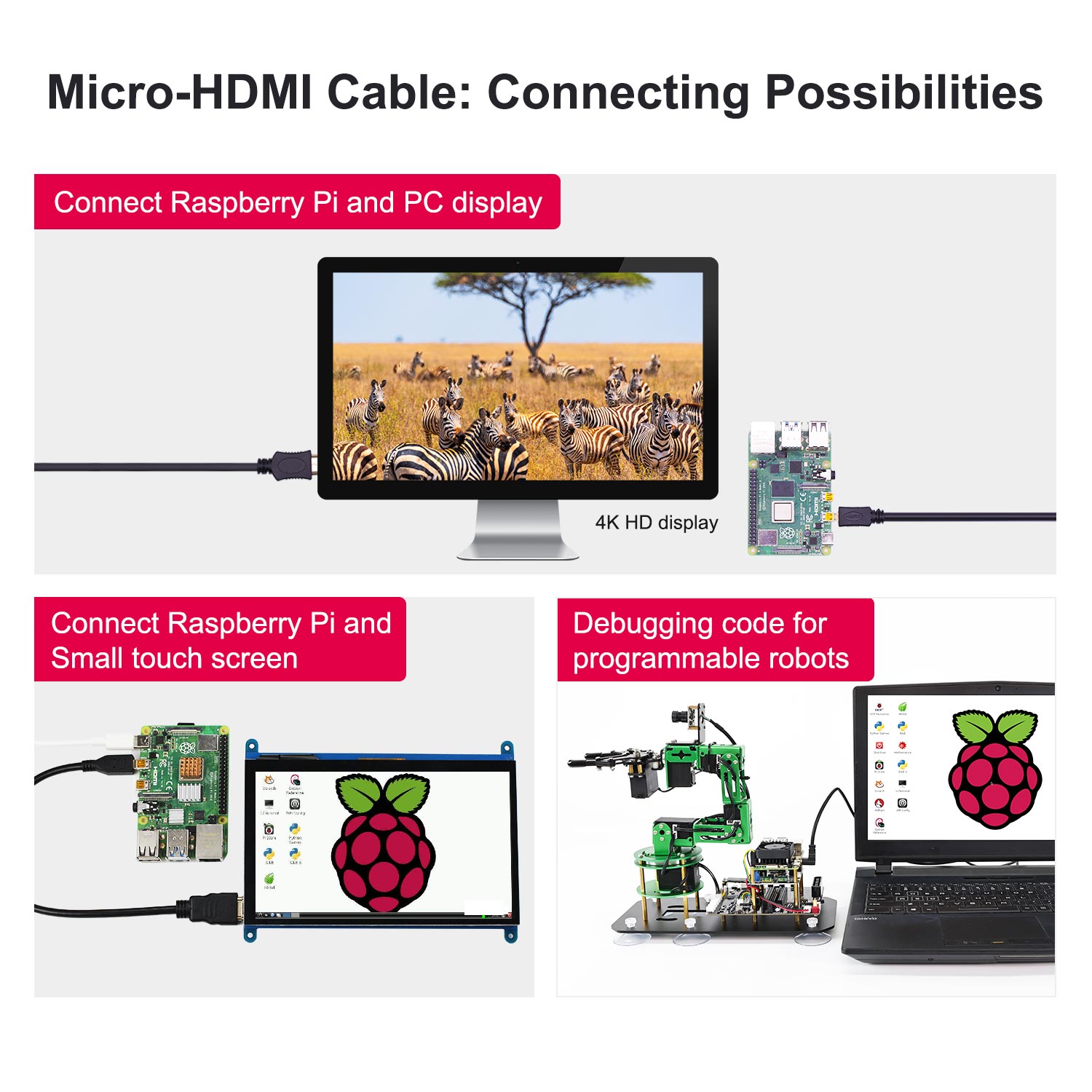 Raspberry Pi 5/4B Micro-HDMI to HDMI Cable Display Adapter 30CM 100CM 150CM Length Optional Support Dual HD 4K Video 1080P 240Hz