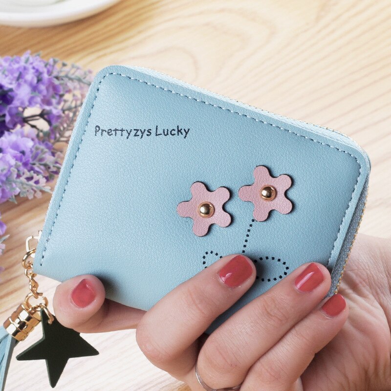 Short Wallet Women's Zipper Coin Bag Cute Flower Korean-style Style Mini Hipster Purse: Sky Blue