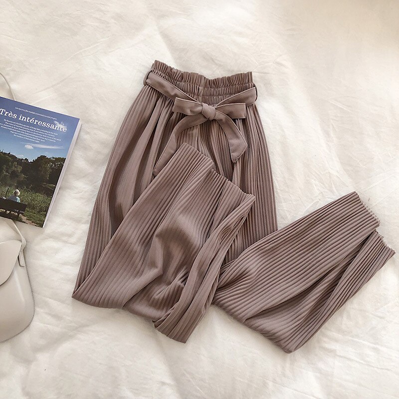 Women's Casual Wide Leg Pants - High Waist Belted Pleated Trousers for Summer: Purple