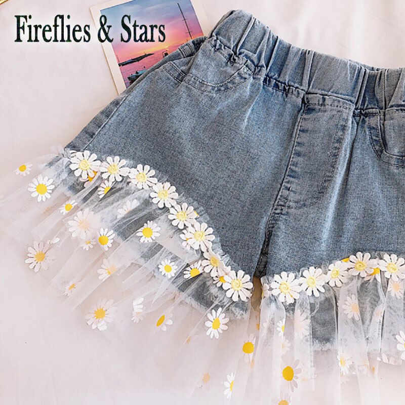 Pantalones cortos de verano para niñas, mini vaqueros para bebés, pantalones cortos de tela vaquera para niños, ropa de calle, bordado floral de malla, 1 a 8 años