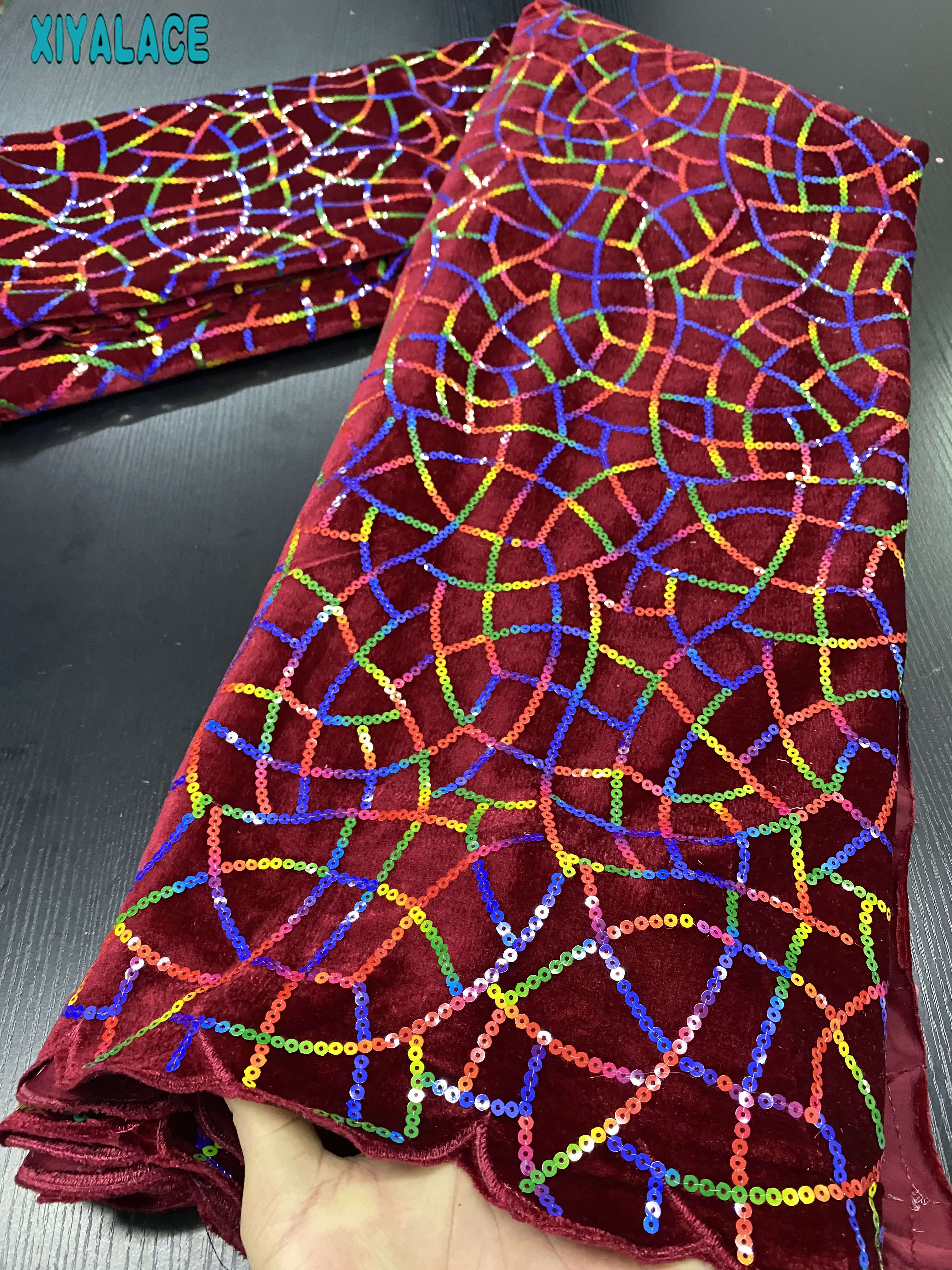 Afrikaanse Fluwelen Kant Stof Pailletten Kant Materiaal Franse Kant Stof Nigeriaanse Kant Stoffen Naaien YA3418-4