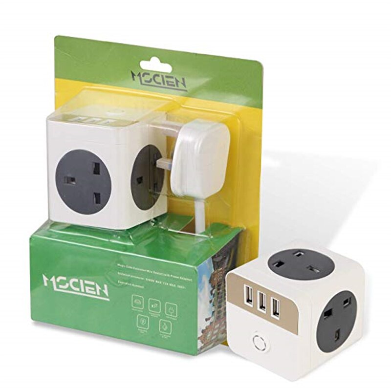 Cube Extension Lead with 3 USB 4 Way Swithed Surge Protected UK Power Socket 2M Extension Cord