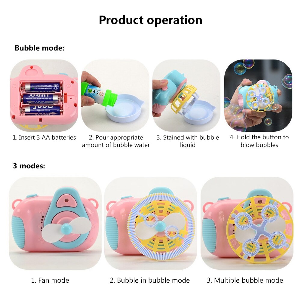 Kids Handvat Cartoon Fan Camera Licht Muziek Elektrische Water Bubble Blower Machine Speelgoed