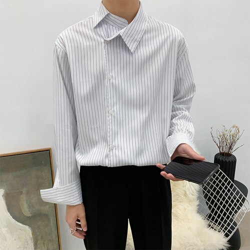 Novedad para hombre, camisa holgada informal a rayas con cuello torcido de manga larga, ropa de calle de Vintage para hombre, camisas para de Hip Hop: striped / M