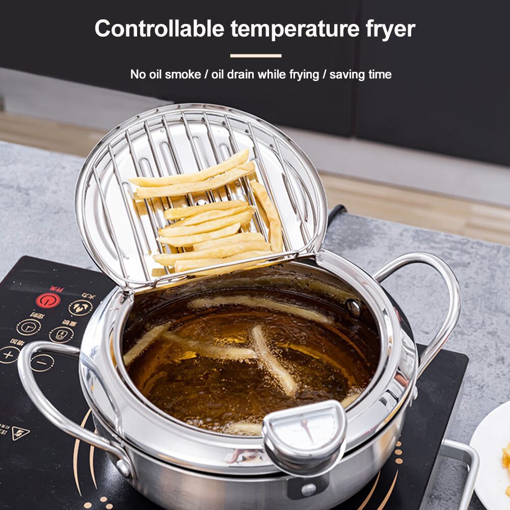 Home Temperature Control Carbon Steel With Thermometer Double Handle Kitchen For Induction Cooker Tempura Deep Fryer Lid
