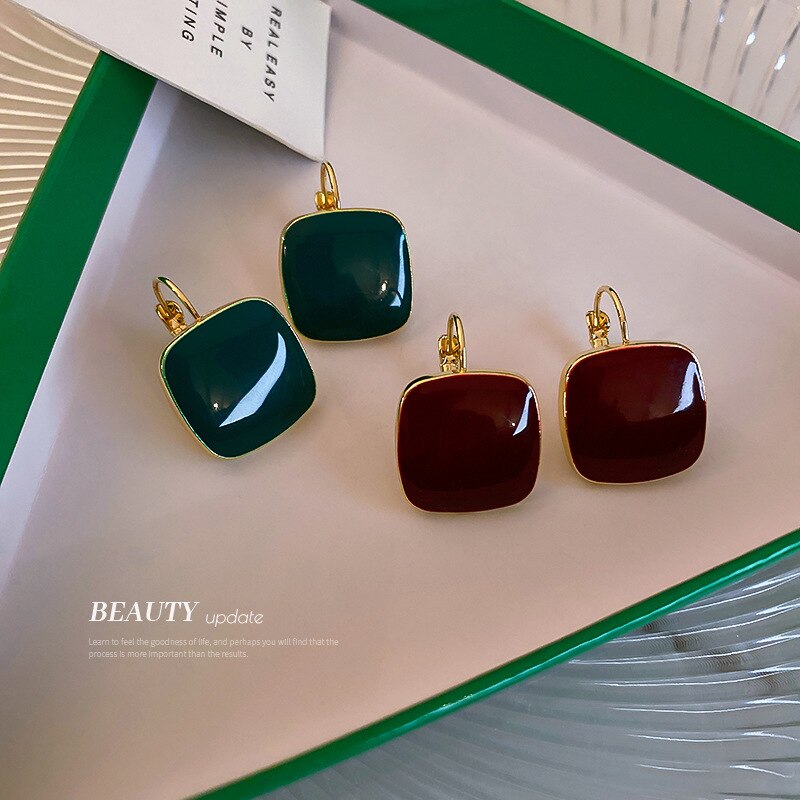 Trendy Vrouwelijke Rode Groene Steen Oorbellen Sierlijke Gouden Kleine Kleur Clip Oorbellen Voor Vrouwen Charm Bruid Vierkante Bruiloft Oorbellen
