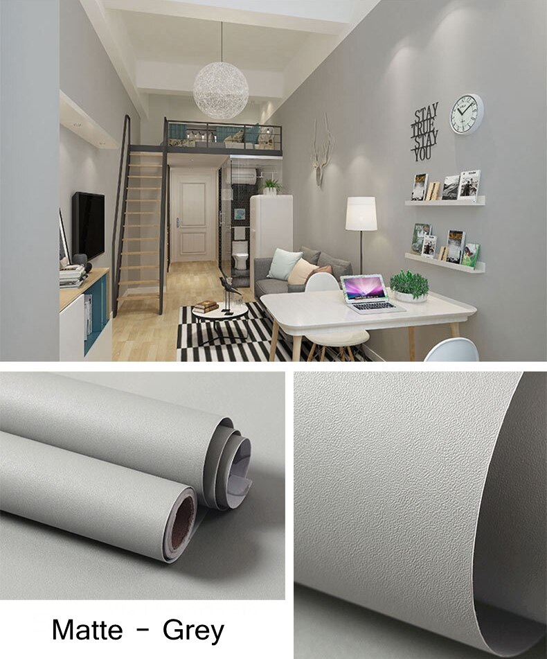 60CM*5M Solid Matte PVC Vinyl Self Adhesive Wallpaper Sticker For Walls DIY Waterproof Wall Sticker Home Decor Films PVC Sticker: Gray / 10m X 60cm