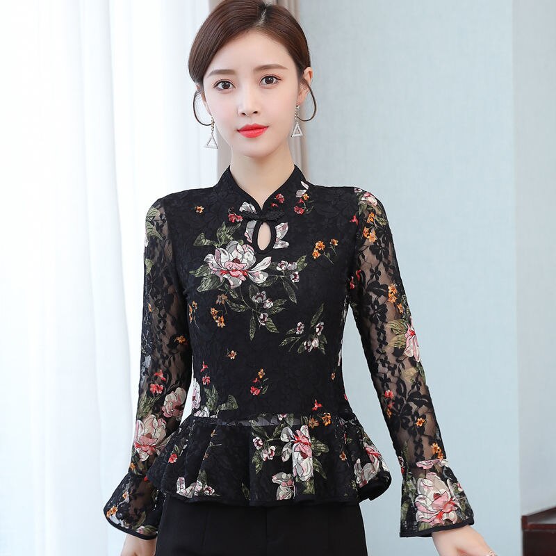 Camisa de estilo Oriental para mujer, blusa tradicional de flores, camisas de Hanfu de talla grande 3XL, Top de encaje , ropa tipo Tang: Style A / L
