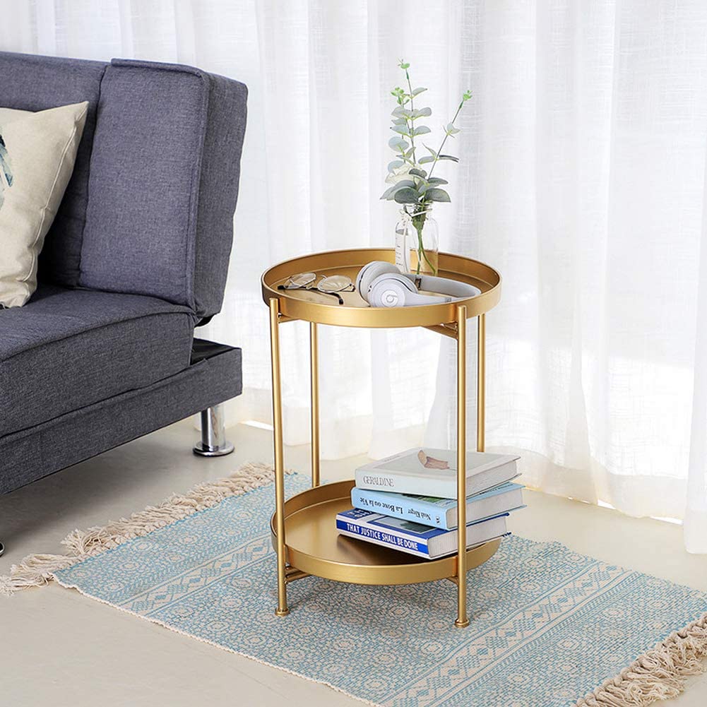 Round Side Table 2-Tier Sofa Table with Storage Shelf Small Tray Metal End Table Foldable Coffee Table for Bedroom Patio