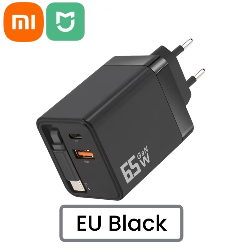 Xiaomi Mijia 65W Gallium Nitride Fast Charger With Built-in Retractable Charging Head Dual-port A+C for Apple Huawei Phones: Sliver