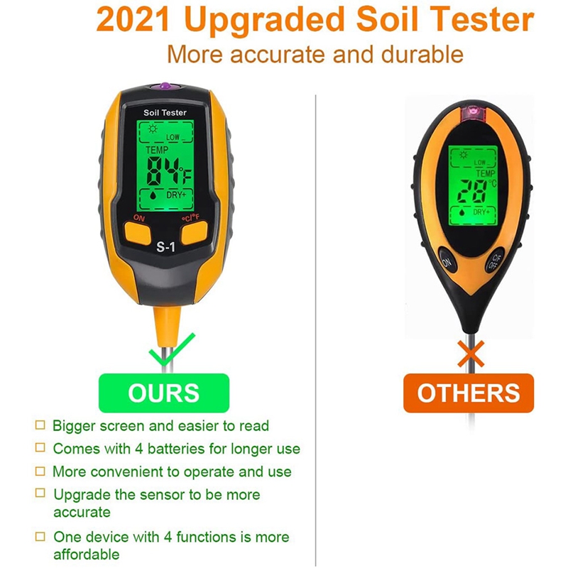 Soil PH Meter, 4 in 1 Soil Tester Moisture, Digital Plant Moisture Meter with PH/Temperature/Light, Soil Moisture Meter