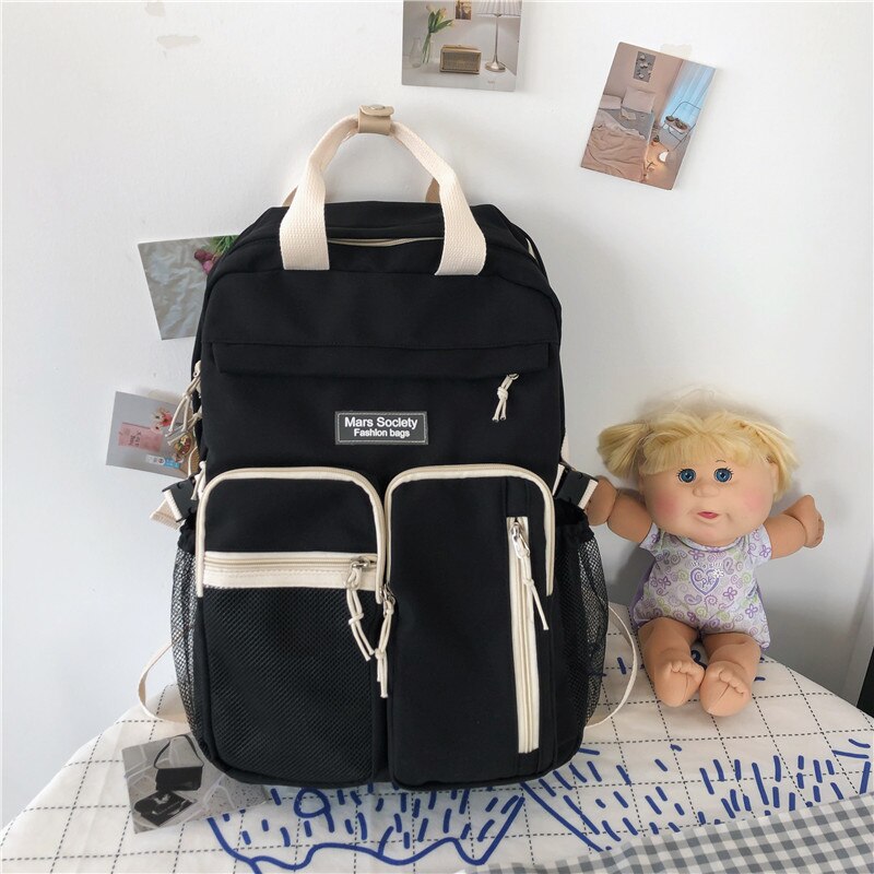 DCIMOR Large Capacity Double-deck Waterproof Nylon Women Backpack Multi-pocket Ring Buckle Portable College Girl's Schoolbag: black / With White bear