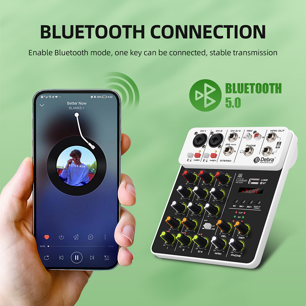Mezclador de Audio Debra V4 de 4 canales con Bluetooth USB 48V efecto repetido de retardo de energía fantasma para consola mezcladora de sonido grabación de PC