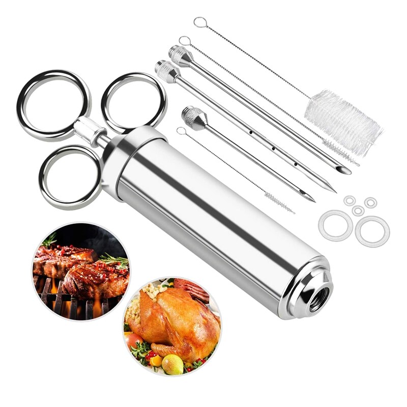 Stainless Steel BBQ Frying Spice Syringe 60Ml with 3 Needles,Kitchen Gadgets for BBQ Meat Beef Chicken Pastry with Jam: Default Title