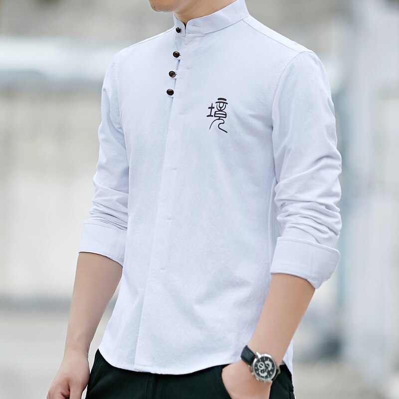 Retro Chinese Man Shirt Casual 100% Katoen Traditionele Tops Mannelijke Mandarijn Kraag Effen Kung Fu Kleding Tuniek Tang Pak: WHITE / M