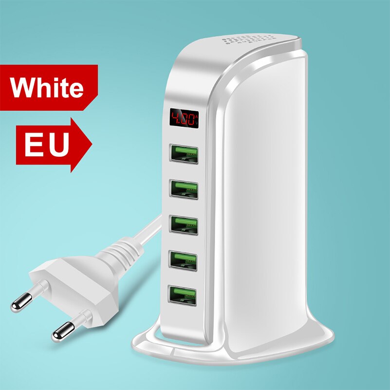5 port usb oplader hub led display multi usb opladningsstation dock universal mobiltelefon desktop væg hjem os eu uk plug: Hvid (eu)