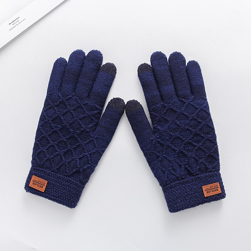 Warm Knitted Gloves For Men Outdoor Skiing Fishing Mittens Winter Touch Screen Game Glove Fleece Plush Mittens Thicken Mitt: Navy Blue